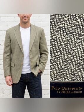 Vintage Polo University Ralph Lauren Men 46R Beige Herringbone Silk Linen Blazer